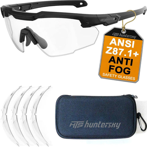 Anti Fog Tactical Shooting Glasses For Men Built Tough Military Grade Ballistic Eye Protection For Range Swat Medical And Dental Use ANSI Z87.1 Plus OSHA Compliant MIL PRF 32432A Tested Durable Frame shown with case and lenses.