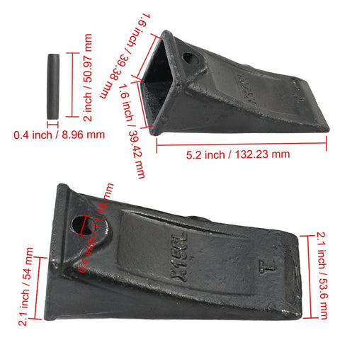 5X X156L Bucket Teeth Kit With 156LPN Long Pins For 156 Series Excavators And Skid Steers, measurements shown