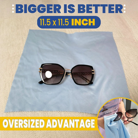 Front view: oversized black sunglasses on light blue microfiber cleaning cloth, 11.5 x 11.5 in