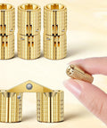 Hidden Brass Barrel Hinges For Wooden Boxes, 180 Degree Opening, Compact Size, Smooth Latching; shown in hand and close-up.