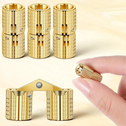 Hidden Brass Barrel Hinges For Wooden Boxes, 180 Degree Opening, Compact Size, Smooth Latching; shown in hand and close-up.