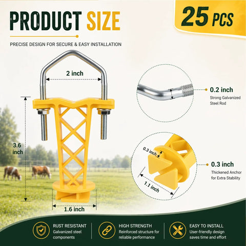 25 Pack Tube Post Insulators For Electric Fence T Post Extender Insulators Universal Fit For Round Pipe Or White Vinyl Picket Fence Keeps Wire Three And A Half Inches From Posts Non Slip Grip Yellow with dimensions and features