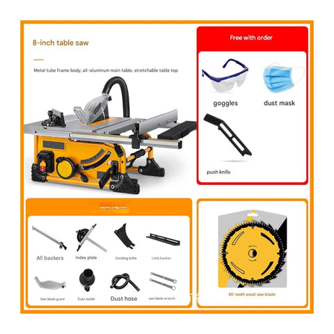 Professional Eight Inch Dust Free Wood Circular Saw Packs Badass 1500W Power For Slicing Through Lumber Fast While Keeping Your Workbench Totally Dust Free with accessories.