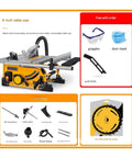Slick Eight Inch Dust Free Wood Circular Saw With Heavy Duty Fifteen Hundred Watt Motor Chops Clean Boards Fast For Weekend Warrior Woodworking Projects And Garage Shop Builds on an aluminum table with accessories.