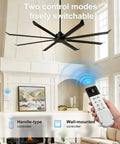 Massive 100 Inch Industrial Ceiling Fan Moves Serious Air Pmsm Motor With 8 Double Layer Aluminum Blades 21000 Cfm High Airflow Hvls showing remote and wall controls.