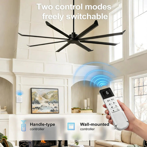 Massive 100 Inch Industrial Ceiling Fan Moves Serious Air Pmsm Motor With 8 Double Layer Aluminum Blades 21000 Cfm High Airflow Hvls showing remote and wall controls.