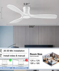 White 52 Inch Smart Wood Ceiling Fan With Lights Low Profile Flush Mount Installed in Modern Interior