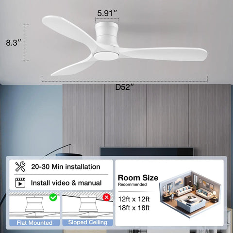 White 52 Inch Smart Wood Ceiling Fan With Lights Low Profile Flush Mount Installed in Modern Interior