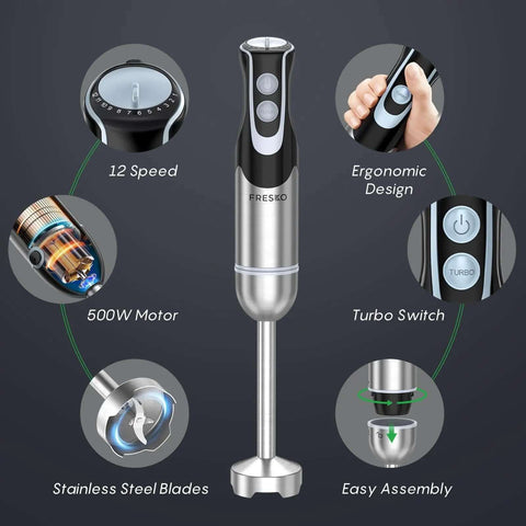 Pro Level 500W Immersion Hand Blender Kicked Up With 12 Variable Speed Settings Plus Turbo Boost Option and Reliable design with stainless steel and ergonomic features.