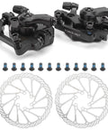 Heavy Duty Mechanical Disc Brake Kit For Mountain And Folding Bikes Featuring Rock Solid Aluminum Calipers with rotors and bolts.
