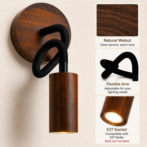 Adjustable Gooseneck Wall Sconce, Modern Wood Grain Wall Lamp with flexible arm and warm walnut finish.