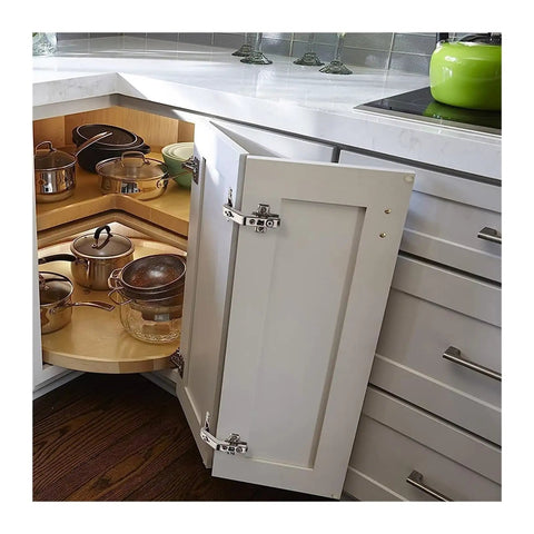 Wide Opening 175 Degree Hydraulic Corner Cabinet Hinges 2 Pack For Lazy Susan Corner Cabinets installed in kitchen