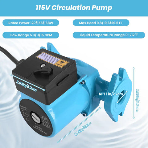 115V Hot Water Recirculating Pump 168W with 3Speed Settings and NPT 1 Inch Connections for Tank Heaters, blue, compact design.