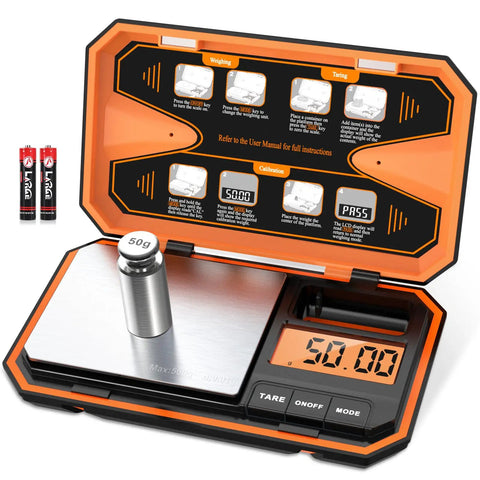 Handy High Precision Pocket Scale For Everyday Weighing 500g X 0.01g With 50g Calibration Weight showing 50.00 on LCD display