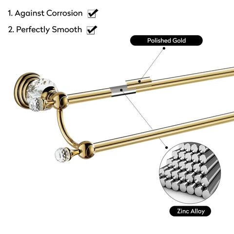 Crystal Double Towel Holder With Adjustable Gold Towel Bar From 18.66 To 30.51 Inches Wall Mounted Bathroom Rail Rack Lux Crystal End Caps