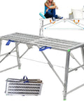 Heavy Duty Foldable Scaffold Ladder With Sure Footing Steps Adjustable Height Work Platform Tower Stool Built Like A Tank For Welding And Crew Jobs Rated Eight Eighty Pounds set up for painting, showing sturdy aluminum frame.