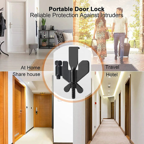 Heavy Duty Adjustable Portable Door Lock For Home, Hotel, Airbnb And Dorm, lightweight design showcased with indoor and travel scenes