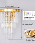 Gold Crystal Wall Sconce Lighting Fixture With Four Tier K9 Crystals showing dimensions and bulb types
