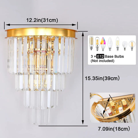 Gold Crystal Wall Sconce Lighting Fixture With Four Tier K9 Crystals showing dimensions and bulb types