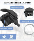 Close-up of left 3x8 speed bike shifter with 1800mm cable for MTB and road cycling, showing up and down-shift buttons.