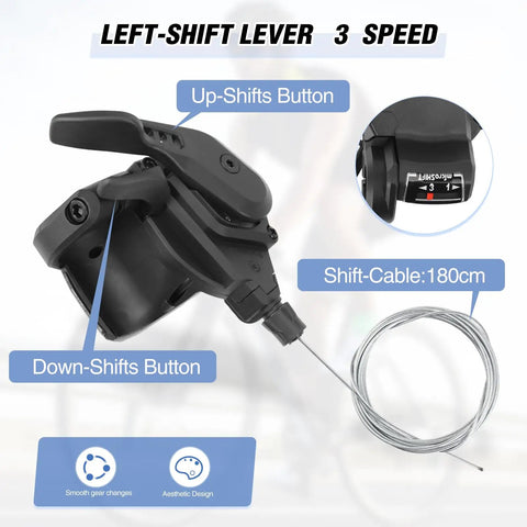 Close-up of left 3x8 speed bike shifter with 1800mm cable for MTB and road cycling, showing up and down-shift buttons.