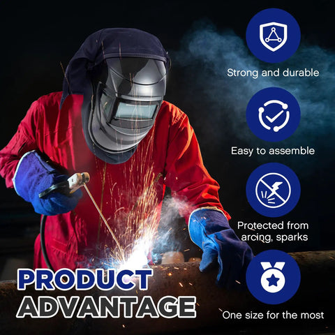 Person welding wearing Two Pack Welding Helmet Cover And Bib Set With Press Fit Neck Seal, flame-retardant, navy blue.