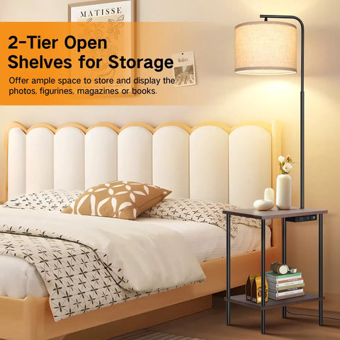Floor Lamp With Built In Table And Shelf End Table With Lamp Attached For Bedroom Or Living Room Type C Charging Port AC Outlet Remote Dimmer Four Color Lighting Options