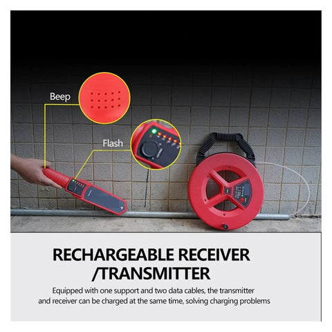 No Sweat Wall Scanner With Dead Easy Stud Detection And Deep Range Pipe Blockage Locator For Live Wire Cable Finder Plus Reliable Plumbing Diagnostic Tool showing a rechargeable transmitter and receiver with charging setup.