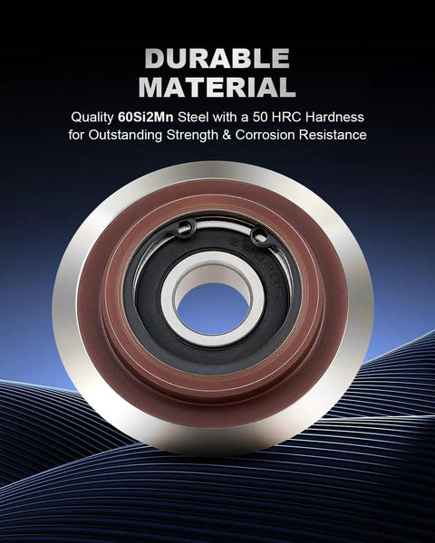Close-up of a 60Si2Mn steel wheel with 50 HRC hardness for strength and corrosion resistance on a blue background.