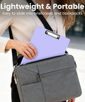 Person placing clipboard into bag Two Pack Colorful Clipboard Set With Low Profile Clips For Letter Size Paper 9x12.5 Inches Durable