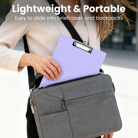 Person placing clipboard into bag Two Pack Colorful Clipboard Set With Low Profile Clips For Letter Size Paper 9x12.5 Inches Durable