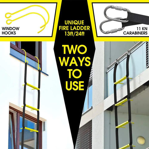 Image showing 13 Ft Rope Emergency Ladder For Two Story Homes with window hooks and carabiners for balcony escape, gentle rung design.
