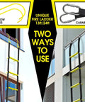 Three Story 25 Foot Rope Fire Escape Ladder For Home Use with window hooks and carabiners displayed against a building for third floor rescue.