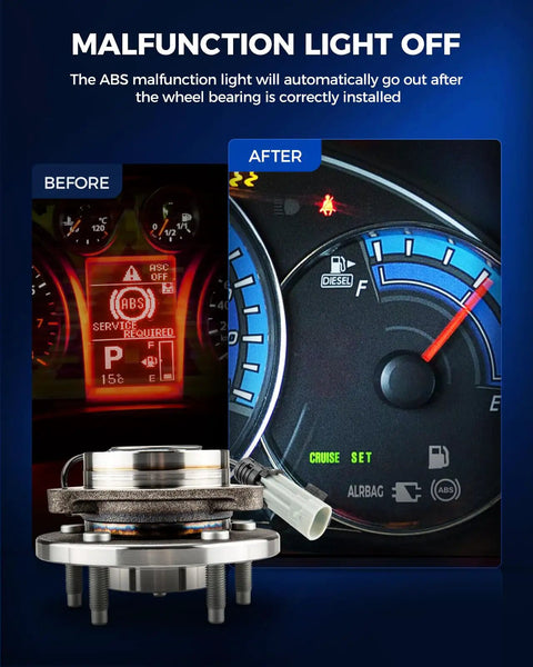 Dashboard indicators showing ABS before and after fixing with Pair Front Wheel Bearing Hub Assemblies With ABS For Nissan Titan Armada Infiniti QX56 6 Lug