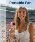 Woman holding Handheld Portable Fan With 4000mAh USB Rechargeable Battery at outdoor event