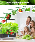 Family using hydroponic system to grow lettuce, tomatoes, parsley, mint, and basil indoors in kitchen setting.