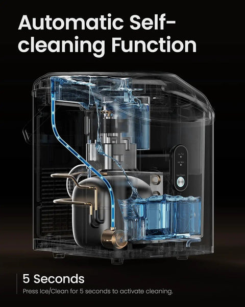 Interior view of Nugget Ice Maker Countertop Portable Sonic Pebble Ice Maker With Self Cleaning, showing self-cleaning function.