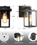 Dimensions and features of Black Outdoor Wall Mount Porch Light with Two Built In GFCI Outlets and Weatherproof Exterior Fixture.
