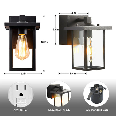 Dimensions and features of Black Outdoor Wall Mount Porch Light with Two Built In GFCI Outlets and Weatherproof Exterior Fixture.