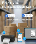 Bluetooth 4x6 Thermal Shipping Label Printer For Small Biz Wireless Label Printer For Android iPhone Windows Mac Budget Friendly Setup Great For Amazon Etsy USPS And More printing via Bluetooth and USB with stacks of boxes and devices.