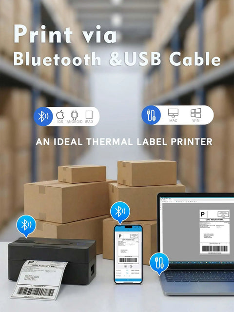 Bluetooth 4x6 Thermal Shipping Label Printer For Small Biz Wireless Label Printer For Android iPhone Windows Mac Budget Friendly Setup Great For Amazon Etsy USPS And More printing via Bluetooth and USB with stacks of boxes and devices.