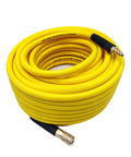 Heavy Duty 3/8 Inch By 100 Ft Hybrid Air Hose Delivering 300 Psi With Kink Resistant Build, yellow coil and fittings.