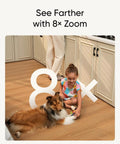 Top Tier 4K Indoor Security Camera With Dual Lenses And Smooth 8X Zoom No Monthly Fees Needed Total Peace Of Mind, child playing with dog.