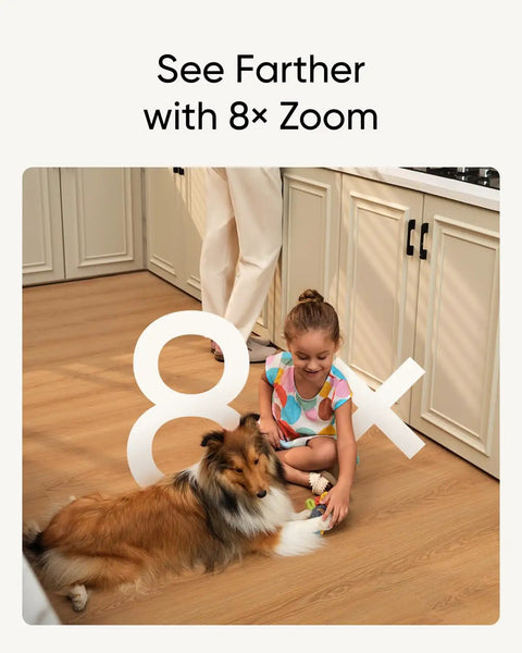 Top Tier 4K Indoor Security Camera With Dual Lenses And Smooth 8X Zoom No Monthly Fees Needed Total Peace Of Mind, child playing with dog.