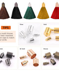 200 Piece Brass Cord End Caps Jewelry Findings Kit in Assorted Sizes showing tassels and color variants silver, gold, gunmetal, KC gold, bronze.