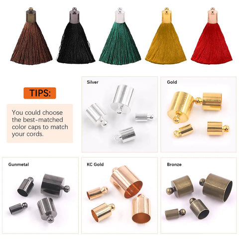 200 Piece Brass Cord End Caps Jewelry Findings Kit in Assorted Sizes showing tassels and color variants silver, gold, gunmetal, KC gold, bronze.