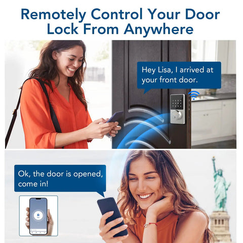 Woman using app with Touchscreen Keypad Smart Deadbolt With Wi Fi And Bluetooth, Keyless Entry And Remote Control Via App