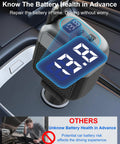 "87W Retractable Car Charger With 4 In 1 Fast USB C Charging Hub And 45W Type C Cable showing battery health display in car."