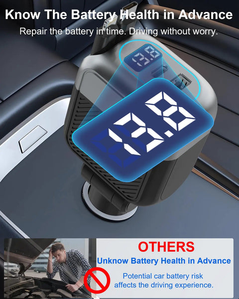 "87W Retractable Car Charger With 4 In 1 Fast USB C Charging Hub And 45W Type C Cable showing battery health display in car."
