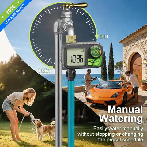Plug And Play Sprinkler Timer For Your Yard: Programmable Digital Hose Timer With Rain Delay, Manual And Automatic Watering Outdoor Waterproof Irrigation Controller With Brass Inlet One Outlet in use; manual mode displayed showing family watering garden and washing car.
